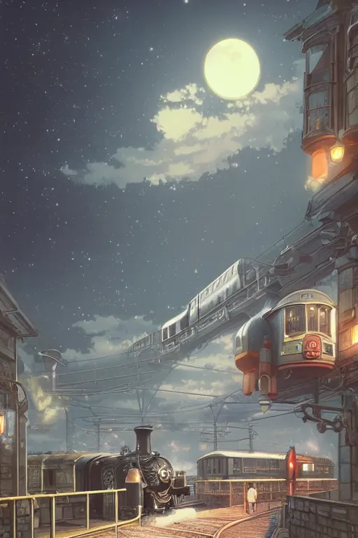 Image similar to a highly detailed matte painting of a steam train entering station under crescent moon and stars by studio ghibli, makoto shinkai, by artgerm, by wlop, by greg rutkowski, volumetric lighting, octane render, 4 k resolution, trending on artstation, masterpiece