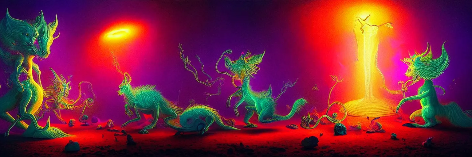 Prompt: microscopic mythical creatures from the depths of the collective unconscious, dramatic lighting with shallow dof, surreal darkly colorful painting by ronny khalil