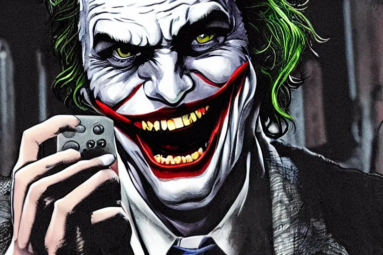 Prompt: a photo of the joker playing on a nintendo dsi in arkham asylum, photorealistic, dark cell background