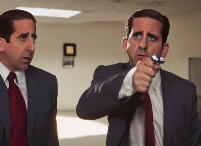 Image similar to film still of michael scott aiming a pistol, 8 k,