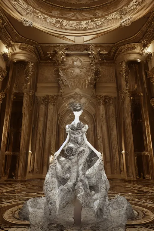 Image similar to a beautiful hyperrealistic ultradetailed 3D, one girl in a magnificent McQueen couture dress on against the backdrop of a marble building, Designer clothes, futuristic clothes, clothes from the future, voge photo, fashion style, fullbody, in full growth, photorealistic, high resolution, trending on artstation, highly detailed, volumetric lighting, elegant, details, good clear quality, volumetric lighting,