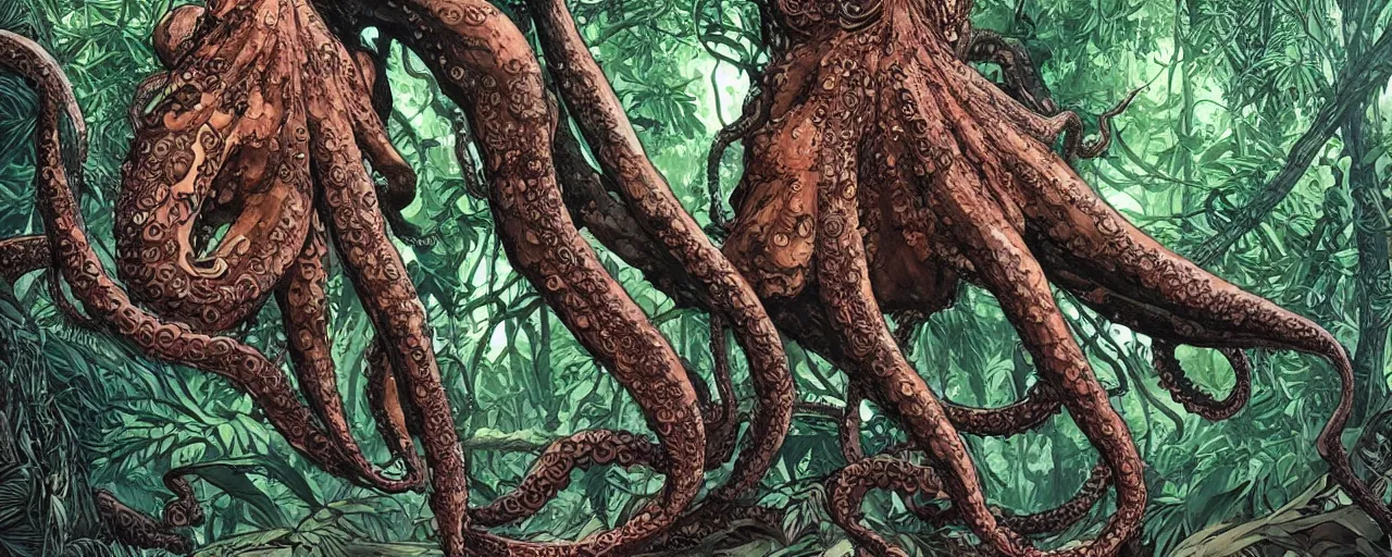 Prompt: A large octopus-like creature swinging between trees in a jungle, intricate, elegant, highly detailed, smooth, sharp focus, detailed face, high contrast, dramatic lighting, graphic novel, art by Ardian Syaf and Pepe Larraz,