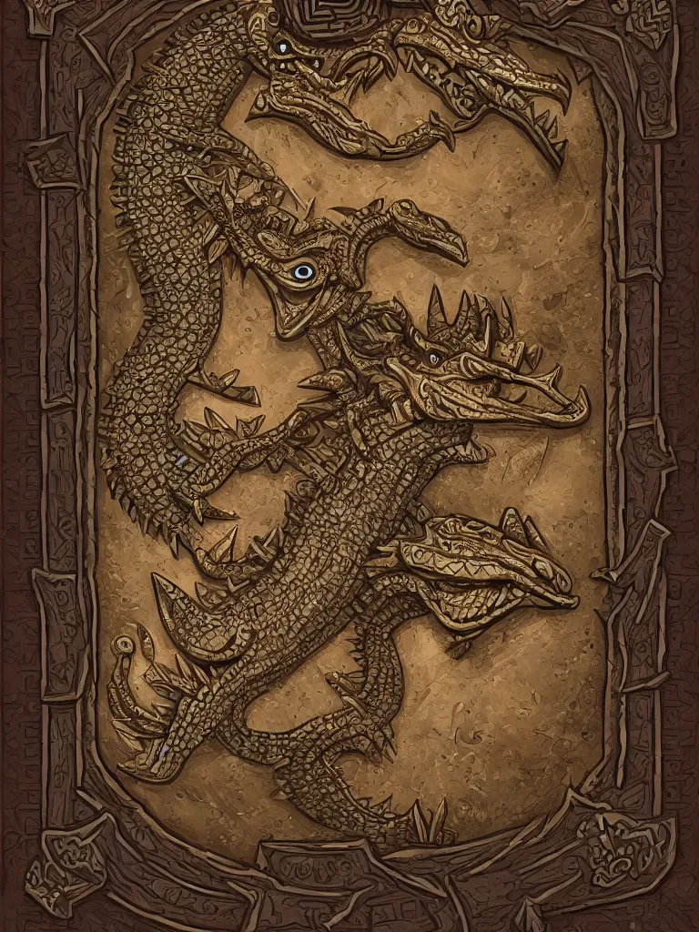 Prompt: aztec book decorative border frame, crocodile reptilian motifs, d & d, fantasy, intricate, elegant, highly detailed, digital painting, artstation, illustration, hearthstone