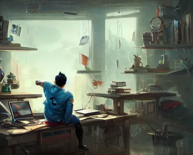 Image similar to an insanely detailed painting of a nerdy asian man wearing a superhero costume, sitting at a desk, staring at the nervously at the computer and typing, in the style of peter mohrbacher, dramatic lighting and composition, octane render, pixar, trending on artstation, concept art, comic book, view from behind