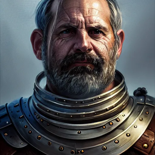 Prompt: portrait of middle - aged man in banded mail, full armor, warrior, graying hair, short stubble, fantasy, medium shot, cinematic, stunning, highly detailed, digital painting, artstation, soft focus, ominous lighting, full body shot, illustration, art by raf grassetti and hugo richard