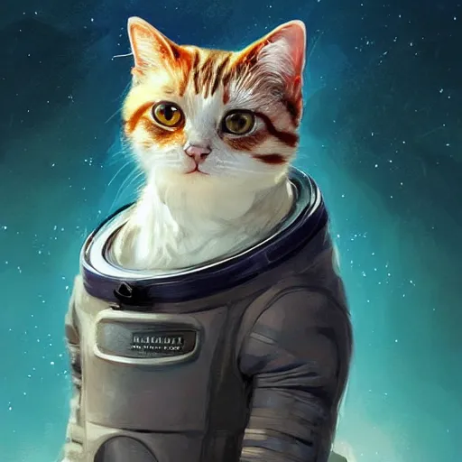 Image similar to head and shoulders masterpiece portrait of a cute adorable cat wearing a spacesuit, surreal background, digital art by krenz cushart, trending on artstation, cgsociety,