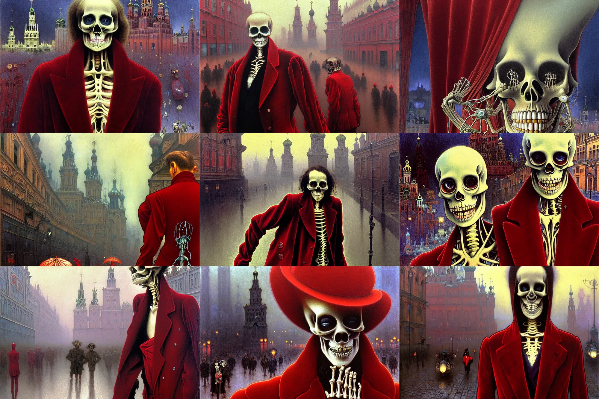 Prompt: realistic detailed closeup portrait painting of a single skeleton wearing crimson velvet blazer in a foggy crowded futuristic moscow street by denis villenueve, amano, yves tanguy, alphonse mucha, ernst haeckel, jean delville, ilya repin, edward robert hughes, andrei tarkovsky, roger dean, rich moody cold colours, closeup