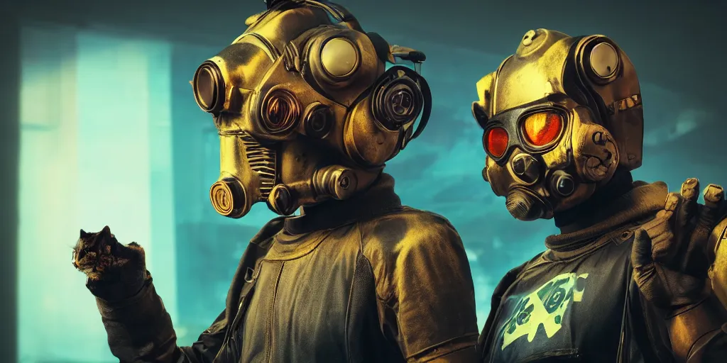 Image similar to cyberpunk cat wearing robotic mask and waving, fallout 5, studio lighting, deep colors, apocalyptic setting