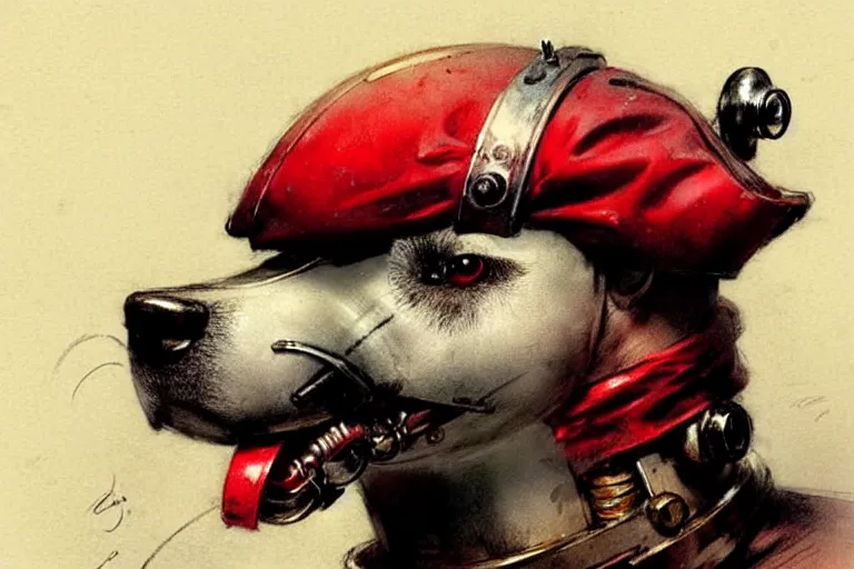 Image similar to pirate ( ( ( ( ( 1 9 5 0 s retro future robot android dog. muted colors. ) ) ) ) ) by jean baptiste monge!!!!!!!!!!!!!!!!!!!!!!!!! chrome red