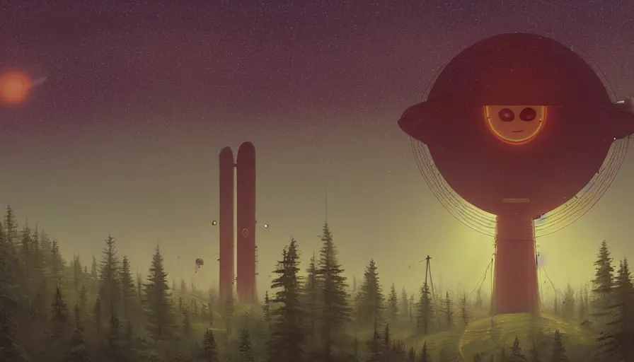 Image similar to space communication dish, sun in the sky, early morning, forest in the background, simon stalenhag