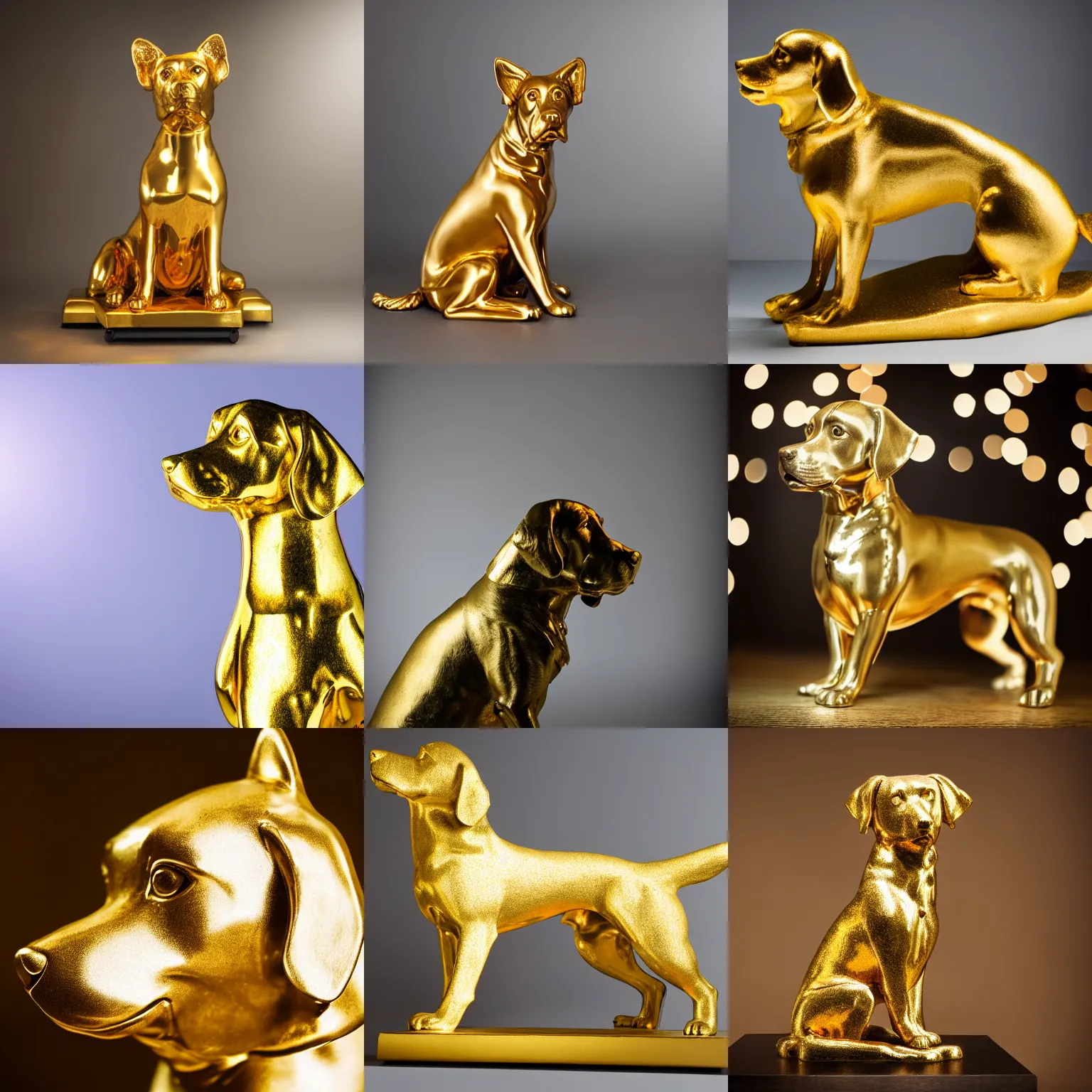 Prompt: Stunning Professional photograph of a reflective Gold dog statue, studio lighting, bokeh, 8K