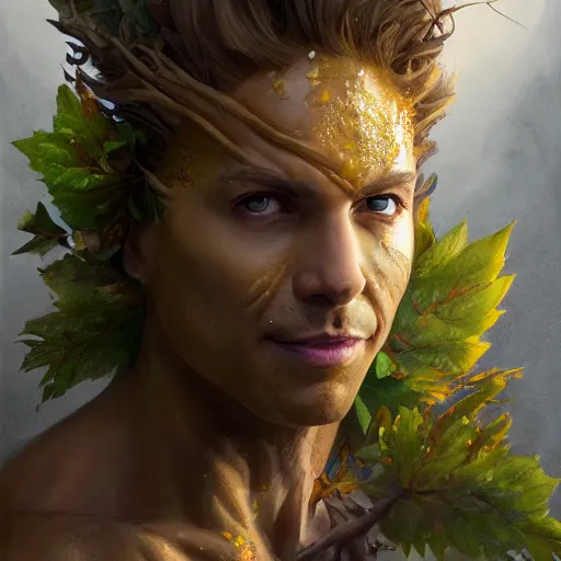Prompt: sam riegel as a dryad, his skin are yellow leaves portrait, highly detailed, headshot, digital painting, trending on artstation, concept art, sharp focus, illustration, art by artgerm and greg rutkowski and magali villeneuve