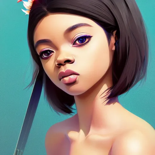 Image similar to a portrait of a beautiful ashleigh murray, diamonds, eyes, orchids, art by ilya kuvshinov and wlop and and josan gonzalez, shikanosuke yagaki, mitsumayo, reivaille, digital art, highly detailed, intricate, sharp focus, trending on artstation hq, deviantart, pinterest, unreal engine 5, 4 k uhd image