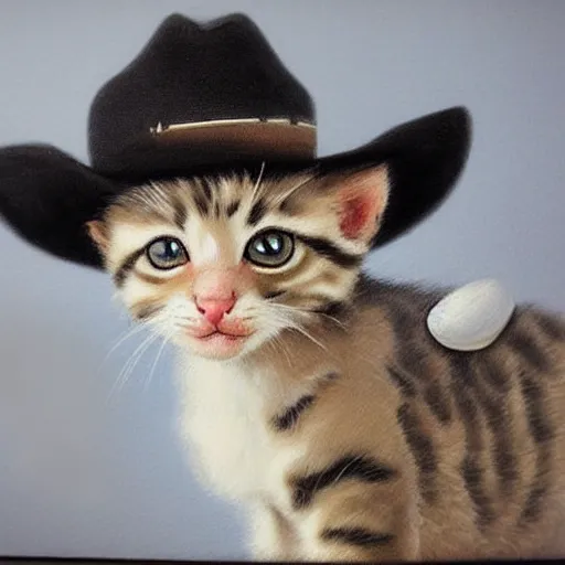 Image similar to realistic baby kitten with cowboy hat, photorealism, old west