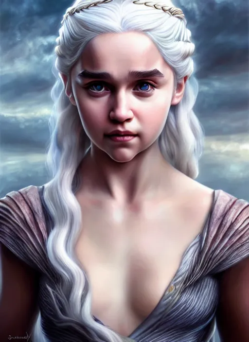 Image similar to photo of a gorgeous young daenerys targaryen in the style of stefan kostic, realistic, professionally, professionally color graded, half body shot, sharp focus, 8 k high definition, insanely detailed, intricate, elegant, art by stanley lau and artgerm