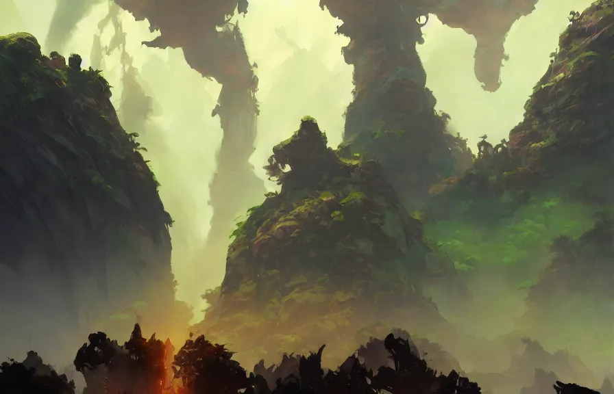 Image similar to greg manchess concept art of a the volcanic jungle dimension, key visual, ambient lighting, highly detailed, digital painting, artstation, concept art, sharp focus, by makoto shinkai and akihiko yoshida and hidari and wlop and greg rutkowski