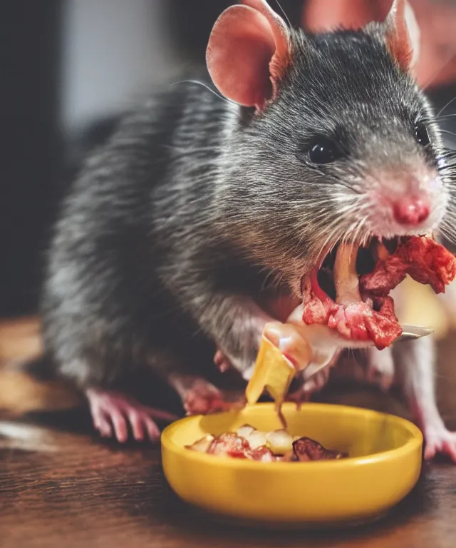 Prompt: high quality presentation photo of vicious anthropomorphic rats with sharp teeth eating meat, photography 4k f1.8 anamorphic bokeh 4k Canon Nikon