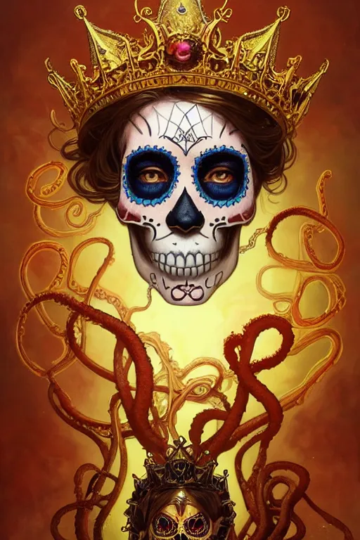 Image similar to sugar skull, a golden crown floating above his head, tentacles coming out the ground art by Artgerm and Greg Rutkowski and Alphonse Mucha and Craig Mullins and James Jean and Andrei Riabovitchev and Marc Simonetti and peter mohrbacher, sharp focus, ominous, cosmic horror, trending on artstation, Ultra detailed, hyper realistic 4k