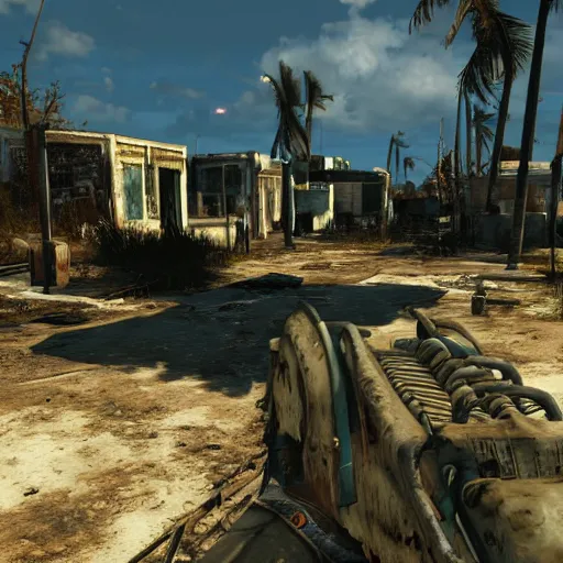 Prompt: Bahamas in ruins post-nuclear war in Fallout 4, in game screenshot