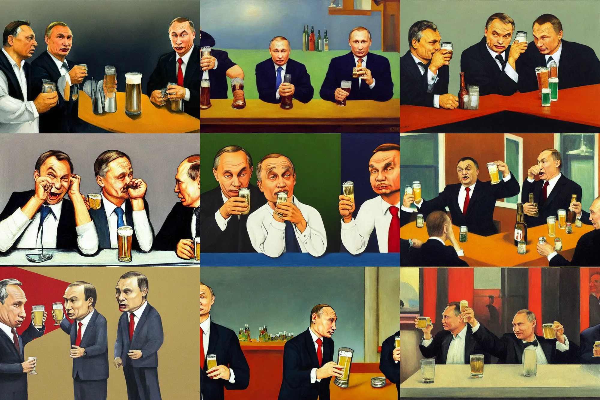 Prompt: viktor orban and putin drinking beer and cheering for the apocalypse, in the style of edward hopper, detailed face
