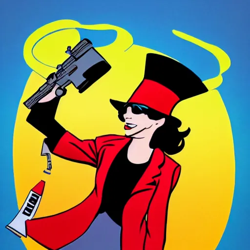 Image similar to carmen sandiego shooting a mace gun, high - res, art by dr. seuss