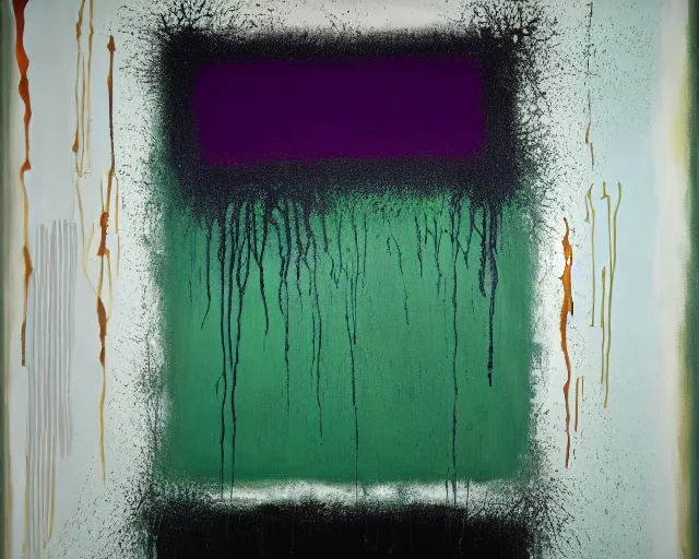 Prompt: abstract painting in black, dark green, purple, painted by Pat Steir, Julian Schnabel, Helene Frankenthaler, abstract painting. 8k, dripping paint, paint spill, extreme detail, intricate detail, masterpiece, unreal engine,