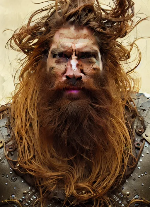 Image similar to portrait of a 4 0 year old giant strong man with long tangles of bushy ginger hair and beard, piercing eyes, wearing leather armor, hyper realistic face, epic, very low angle, fantasy art, in the style of greg rutkowski, intricate, alphonse mucha, hyper detailed, smooth