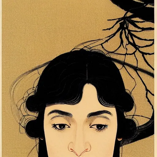 Image similar to “ rachel weisz portrait by ikenaga yasunari and ayana otake and ko rakusui, 6 0 s poster, drawing, realistic, sharp focus, japanese, dreamy, nostalgia, faded, golden hues, floral clothes ”