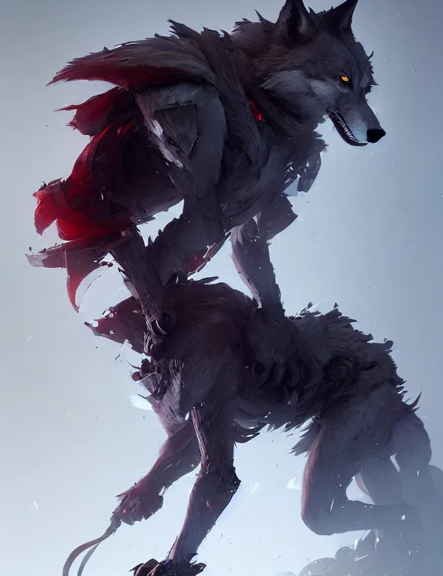 Image similar to handsome dark gray anthropomorphic wolf fursona with long red hair wearing destiny 2 armor. character design by cory loftis, fenghua zhong, ryohei hase, ismail inceoglu and ruan jia. artstation, volumetric light, detailed, photorealistic, fantasy, rendered in octane