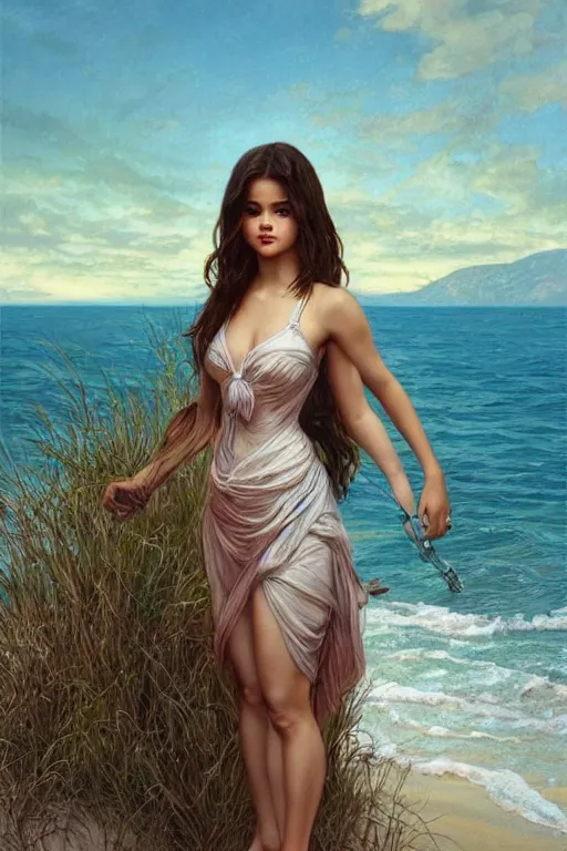 Prompt: beautiful cottagecore selena gomez!!, standing in front of a beach, intricate, stunning, highly detailed, digital painting, artstation, concept art, smooth, sharp, focus, illustration, art by artgerm and greg rutkowski and alphonse mucha