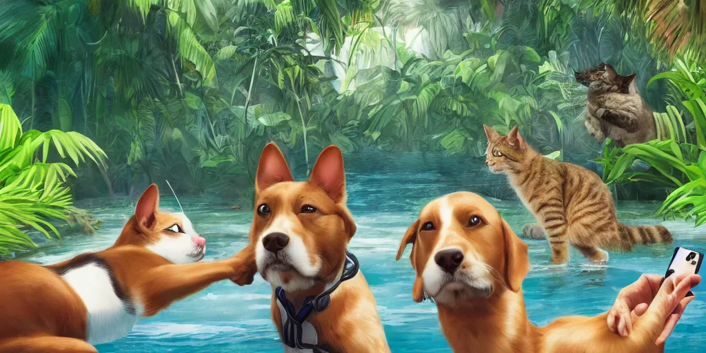 Image similar to cat and dog taking selfie in a swimming pool in the middle of the jungle, highly detailed, digital painting, artstation, concept art