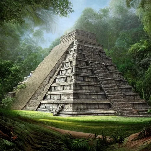 Prompt: a beautiful and highly detailed matte painting of a mayan pyramid ruin in a lush forest, intricate details, epic scale, insanely complex, 8 k, sharp focus, hyperrealism, by caspar friedrich,