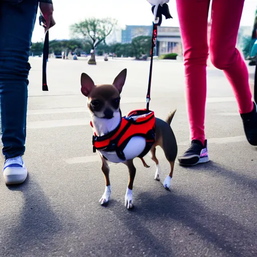 Prompt: a photo of a chihuahua pushing its human in a stroller, 4K UHD, 16mm f/1.4