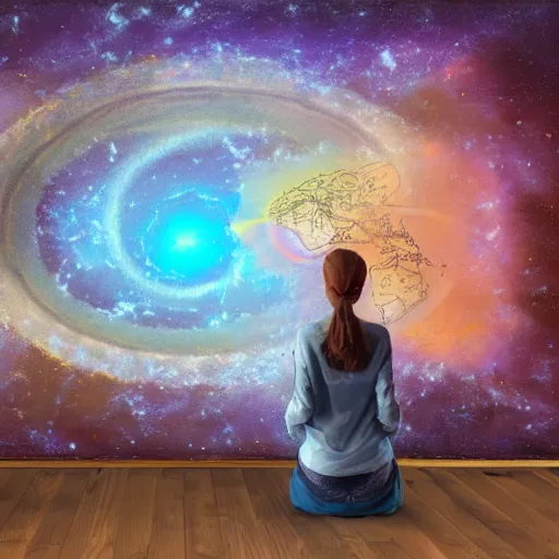Image similar to a beautiful painting of a cute lady cartographer looking over a large paper map of galaxy spiral psychedelic human consciousness. the map is resting on a wooden table. digital art painting featured on artstation