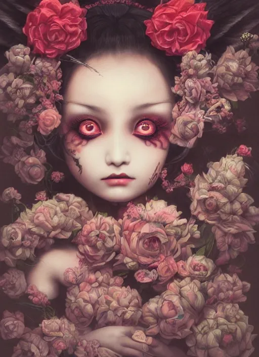 Prompt: pop surrealism, lowbrow art, realistic cute babymetal painting, japanese street fashion, hyper realism, muted colours, rococo, natalie shau, loreta lux, tom bagshaw, mark ryden, trevor brown style,