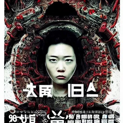 Image similar to ultra - photorealistic, new horror movie poster from takeshi miike, intricate details, sharp focus, perfect baroque like real project, symmetrical, perfect face and anatomy ultra - details.