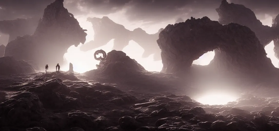 Image similar to dramatic view of empty rocky alien wasteland, demonic portal to hell, glowing fog, unreal engine, dramatic lighting, detailed, ambient occlusion, global illumination, god rays, 3 d artstation game concept render by greg rutowski and jessica rossier