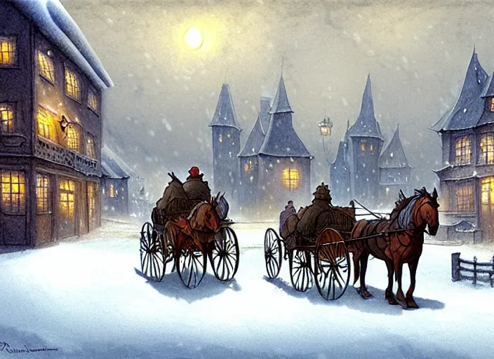 Image similar to a night scene of a snowy town with a horse drawn carriage, a detailed matte painting by anton pieck, deviantart contest winner, fantasy art, concept art, official art, matte drawing