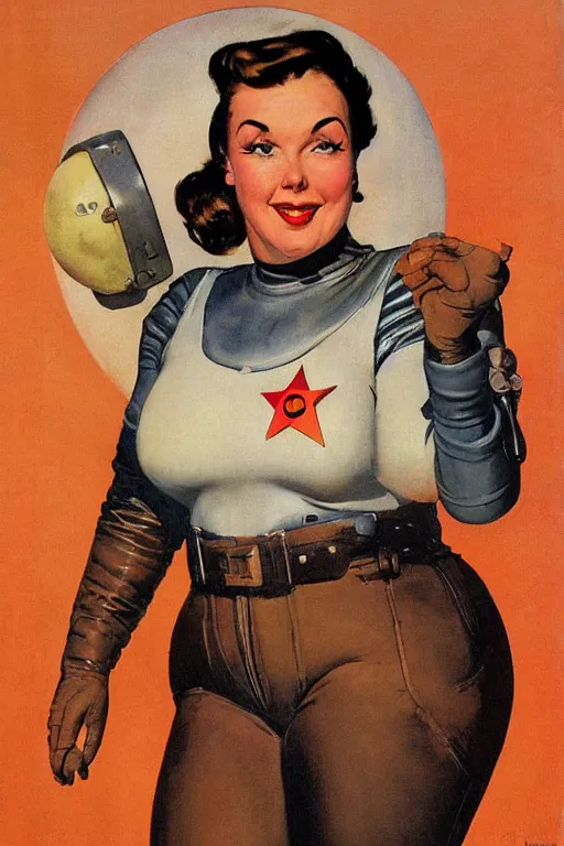 Image similar to 5 0 s pulp scifi fantasy illustration full body portrait cheerful overweight woman in leather spacesuit on mars, by norman rockwell, roberto ferri, daniel gerhartz, edd cartier, jack kirby, howard v brown, ruan jia, tom lovell, frank r paul, jacob collins, dean cornwell, astounding stories, amazing, fantasy, other worlds