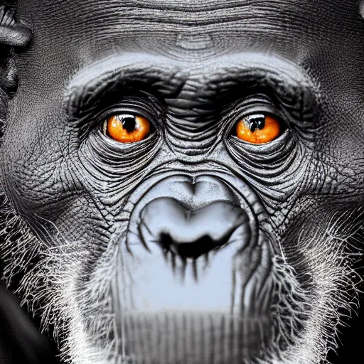 Image similar to a high detail closeup photograph of a chimpanze wearing a suit 👔, award wining photograph, digital art