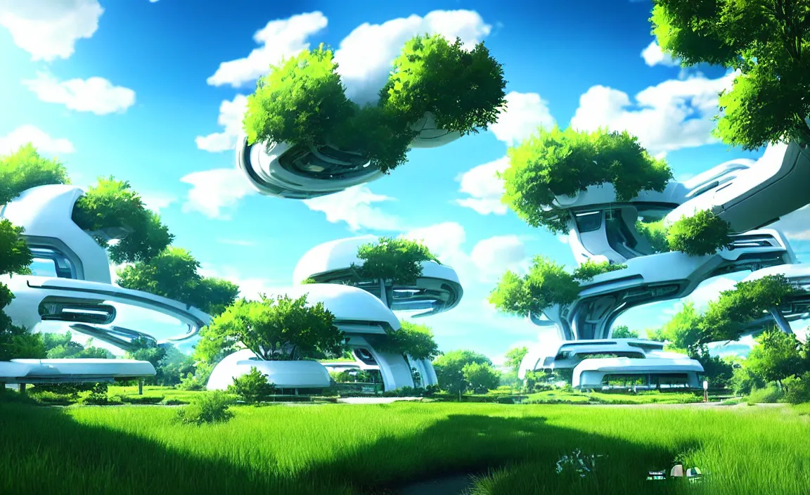 Prompt: big garden, sunshine, outdoors, the blue sky and white clouds, beautiful scenery, futuristic. game cg, hyperdetailed, trending on cgsociety