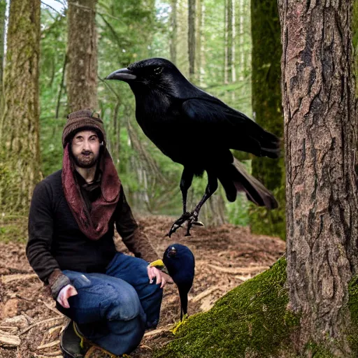 Image similar to male human and crow hybrid, photograph captured in a forest