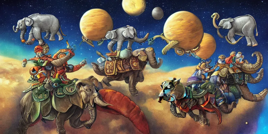 Image similar to the great a'tuin flying through space carrying discworld atop four elephants by kirby