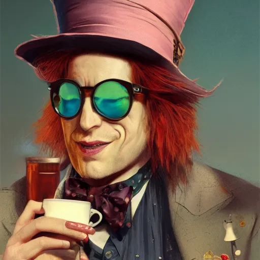 Image similar to the mad hatter, wearing shades, drinking tea, by Viktor Antonov,, greg rutkowski, fantasy, D&D, trending on artstation, smooth, sharp focus