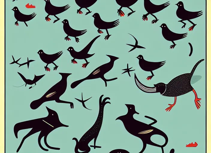 Prompt: Birds attacking cats while people run away by Karolis Strautniekas, editorial illustration, detailed, art deco, Mads Berg, matte print