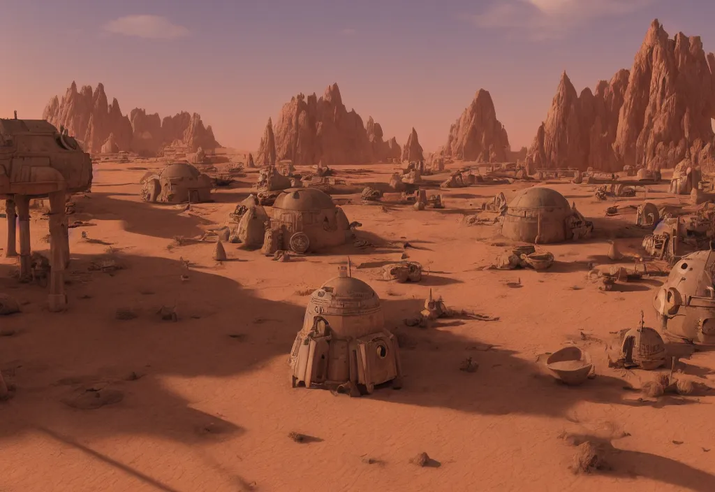 Image similar to tatooine desert village, morning, star wars, extremely detailed, soft light, blender, digital painting, artstation