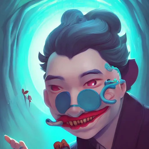 Prompt: a cinematic still of the happy mask salesman, art by lois van baarle and loish and ross tran and rossdraws and sam yang and samdoesarts and artgerm and saruei and disney, digital art, highly detailed, intricate, sharp focus, trending on artstation hq, deviantart, unreal engine 5, 4 k uhd image