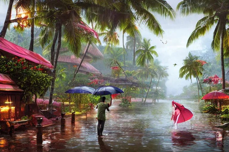 Image similar to ultra realistic illustration, photo, monsoon on tropical island, ornate, beautiful, atmosphere, vibe, mist, coconuts, rain, wet, pristine, puddles, melting, dripping, creek, bridge, forest, roses, flowers, by stanley artgerm lau, thomas kindkade, art gta 5 cover