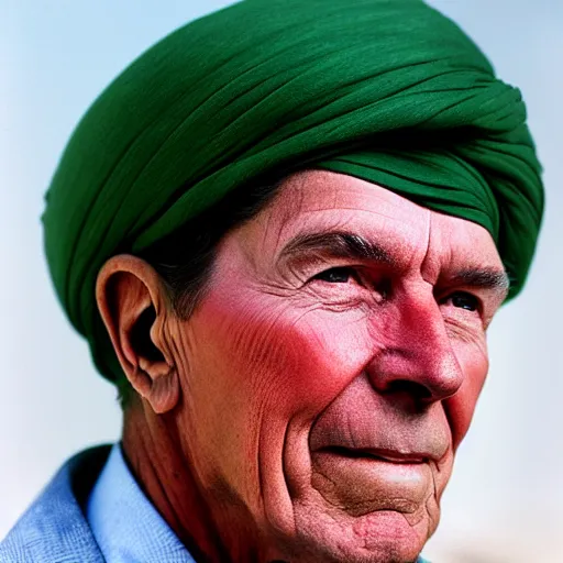 Prompt: portrait of president ronald reagan as afghan man, green eyes and red turban looking intently, photograph by steve mccurry