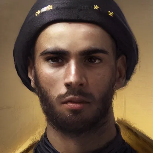 Image similar to Medium closeup young idealistic and pious homely male Imperial soldier wearing a black tabard with light yellow accents over a brown gambeson and a barbute!!!!! helm, by Raymond Swanland Greg Rutkowski Lise Deharm, {perfect face}, {perfect eyes}, {uncertain look}, {on edge}